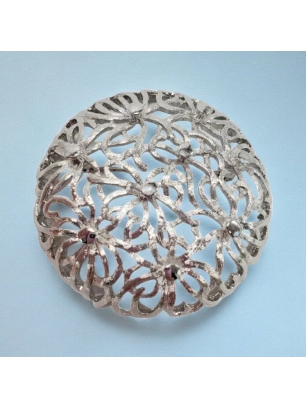 Vtg Signed Monet Round Brooch Silver Tone Filigree Circle Flower 2" Cut Out